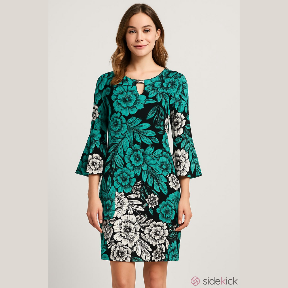 Sunny Leigh Floral Dress Stretchy EUC Medium 3/4 Bell Sleeve Keyhole Neck